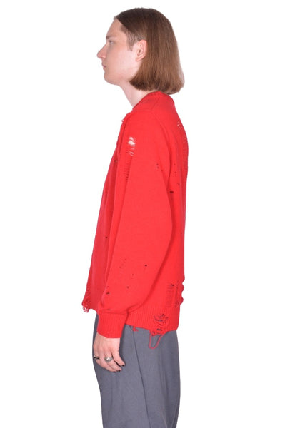 CHARLES JEFFREY LOVERBOY DISTRESSED LOGO KNIT SWEATER RED FW25 