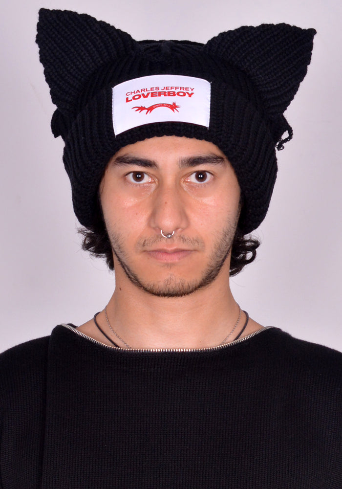 CHARLES JEFFREY LOVERBOY UNISEX KNITTED CHUNKY EARS BEANIE BLACK FW24 | DOSHABURI