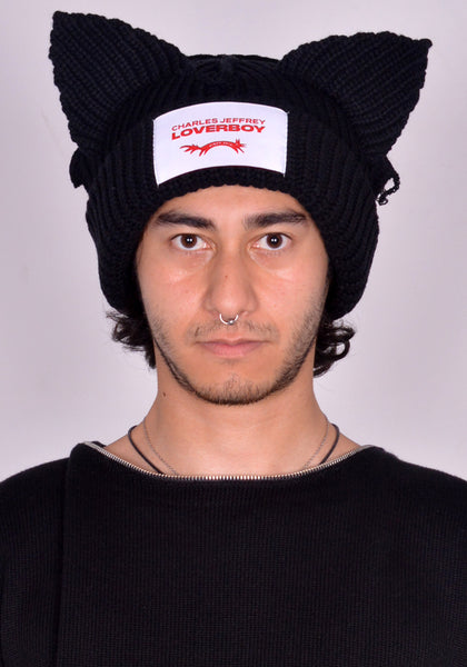 CHARLES JEFFREY LOVERBOY UNISEX KNITTED CHUNKY EARS BEANIE BLACK FW24 | DOSHABURI