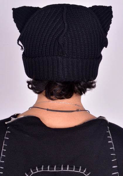CHARLES JEFFREY LOVERBOY UNISEX KNITTED CHUNKY EARS BEANIE BLACK FW24 | DOSHABURI