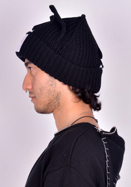 CHARLES JEFFREY LOVERBOY UNISEX KNITTED CHUNKY EARS BEANIE BLACK FW24 | DOSHABURI
