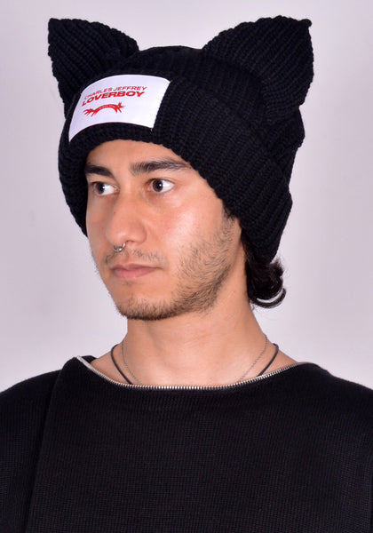 CHARLES JEFFREY LOVERBOY UNISEX KNITTED CHUNKY EARS BEANIE BLACK FW24 | DOSHABURI