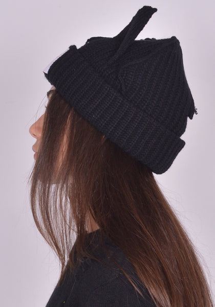 CHARLES JEFFREY LOVERBOY UNISEX KNITTED CHUNKY EARS BEANIE BLACK FW24 | DOSHABURI