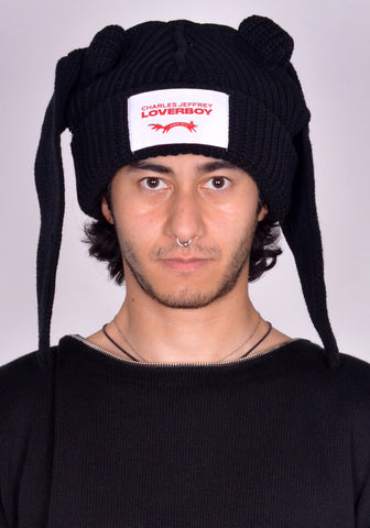 CHARLES JEFFREY LOVERBOY KNITTED CHUNKY RABBIT BEANIE BLACK FW24