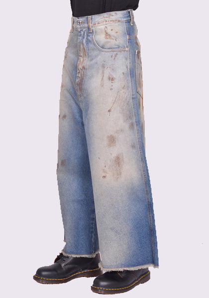 LU'U DAN MP052D WD WIDE CROPPED JEANS STAINED BLUE FW24 | DOSHABURI Online Shop