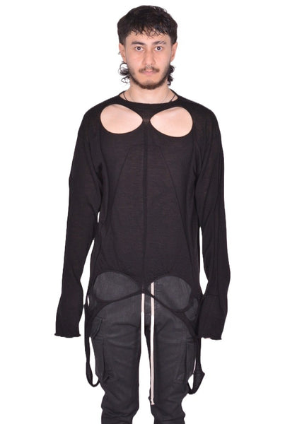RICK OWENS MEN SLASHED KNIT PULLOVER BLACK FW25 | DOSHABURI Shop