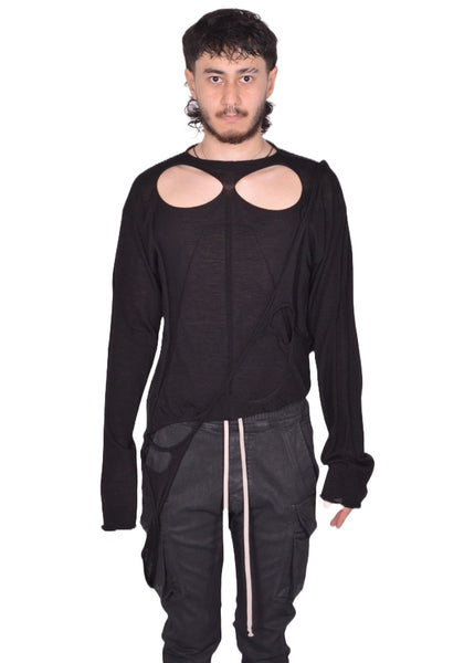 RICK OWENS MEN SLASHED KNIT PULLOVER BLACK FW25 | DOSHABURI Shop