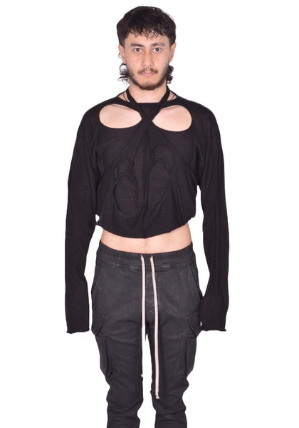 RICK OWENS MEN SLASHED KNIT PULLOVER BLACK FW25 | DOSHABURI Shop