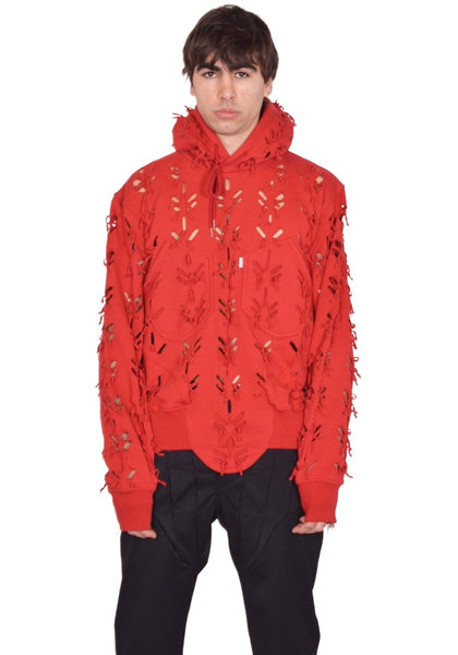 JUNTAE KIM LASER-SLASHED SWEAT HOODIE RED SS26 | DOSHABURI Shop
