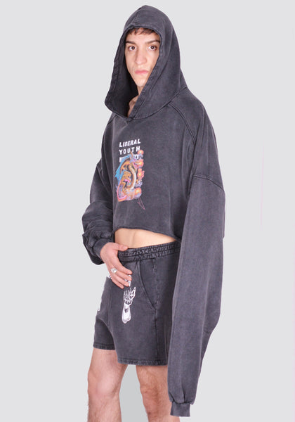 LIBERAL YOUTH MINISTRY CROPPED SWEAT HOODIE WASHED BLACK SS24 | DOSHABURI Online Shop
