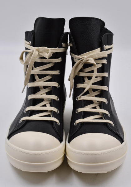 RICK OWENS MEN RU01D3890 LOO LEATHER HI-CUT SNEAKERS BLACK/MILK FW24 | DOSHABURI Shop