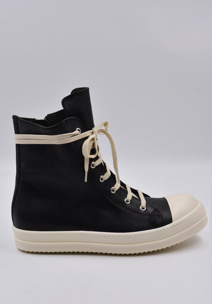 RICK OWENS MEN RU01D3890 LOO LEATHER HI-CUT SNEAKERS BLACK/MILK FW24 | DOSHABURI Shop