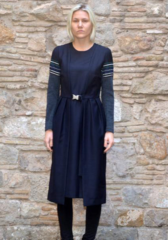 UJOH LONG SLEEVE BELTED DRESS NAVY | 50%OFF-Sale | Doshaburi Online Shop