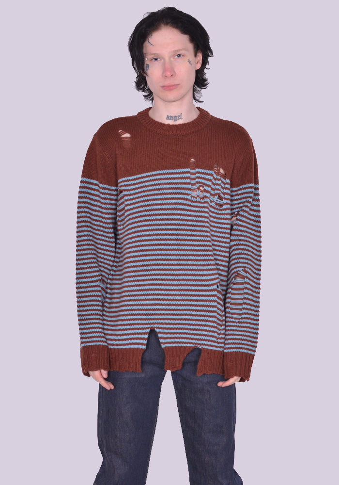 CHARLES JEFFREY LOVERBOY CJLSS23MSJ1 MEGA SHRED STRIPE JUMPER BROWN/BLUE SS23 | DOSHABURI Online Shop