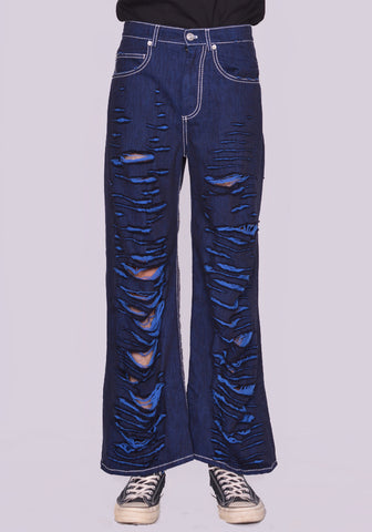 MARNI PUJU0060Y0 SLASHED WIDE DENIM TROUSERS BLUE FW22 | DOSHABURI Online Shop