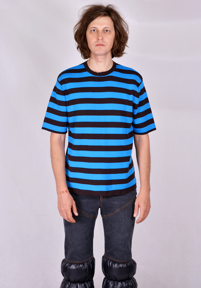 SUNNEI T01 KITTED STRIPE T-SHIRT BLUE/MOKA 2020FW | DOSHABURI Online Shop